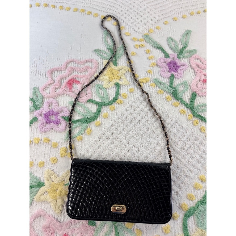 Ande Vintage Black Patent Leather Quilted Lattice Crossbody Evening Bag‎ Gold